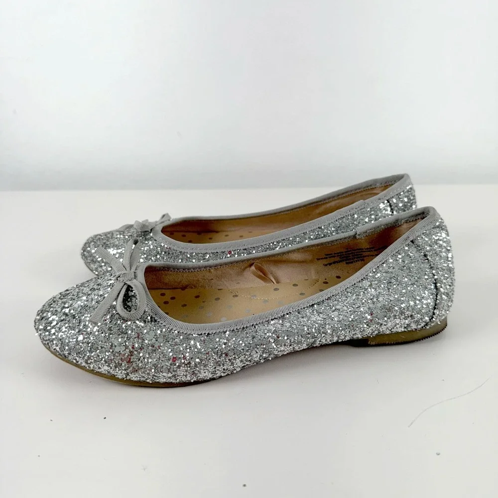 Cat & Jack Glitter Ballet Flats Girls 4 Silver Bow Sparkly Dress Shoes Holiday